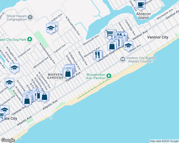 map of restaurants, bars, coffee shops, grocery stores, and more near 10 South Wyoming Avenue in Ventnor City