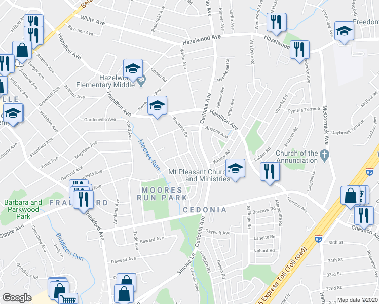 map of restaurants, bars, coffee shops, grocery stores, and more near 5899 Judith Way in Baltimore