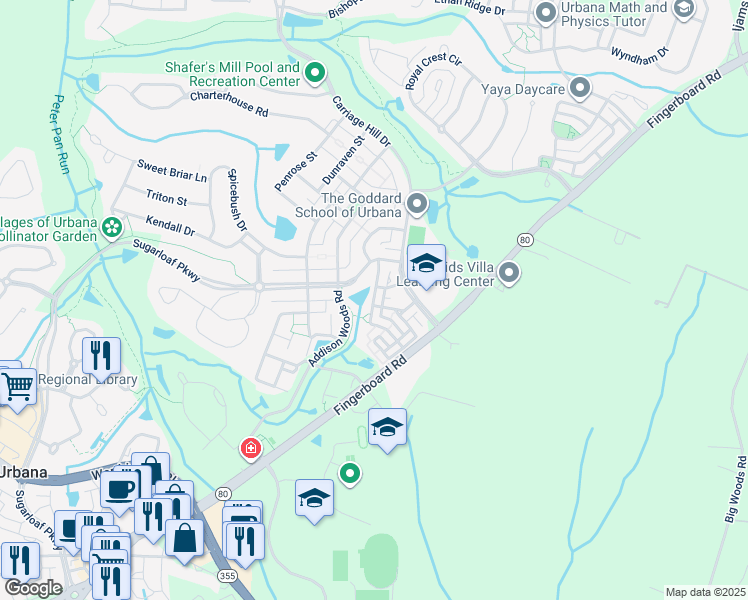 map of restaurants, bars, coffee shops, grocery stores, and more near 3667 Springhollow Lane in Frederick
