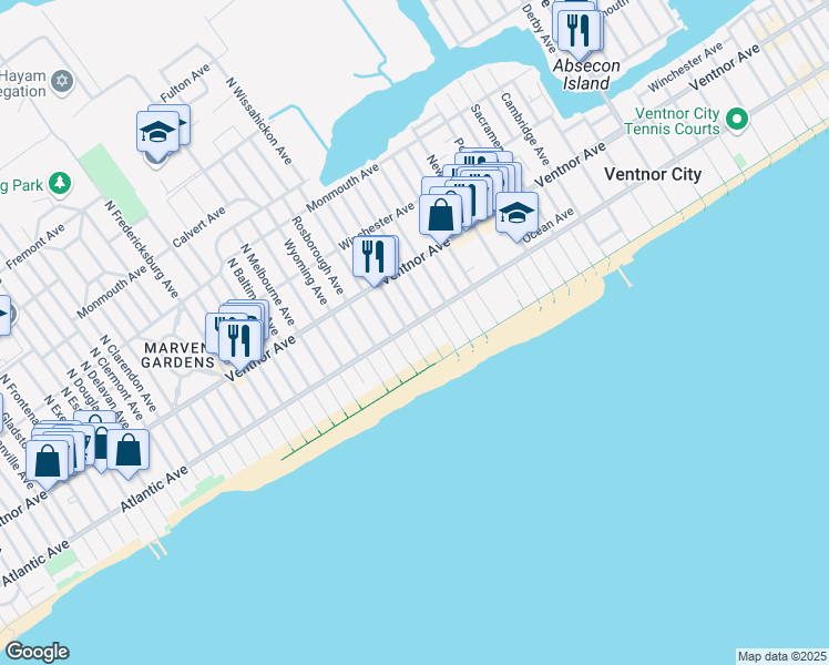 map of restaurants, bars, coffee shops, grocery stores, and more near 6802 Atlantic Avenue in Ventnor City