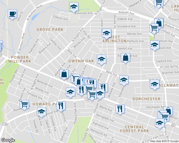 map of restaurants, bars, coffee shops, grocery stores, and more near 3706 Woodbine Ave in Baltimore
