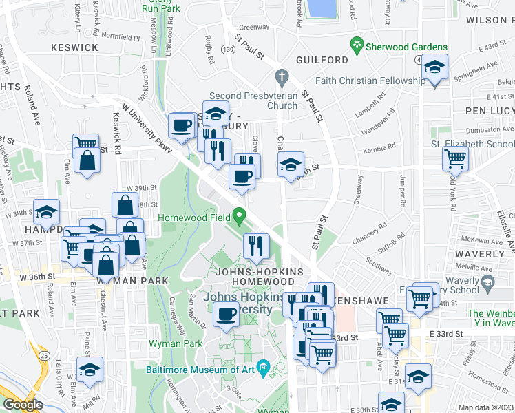 map of restaurants, bars, coffee shops, grocery stores, and more near 3801 Canterbury Road in Baltimore
