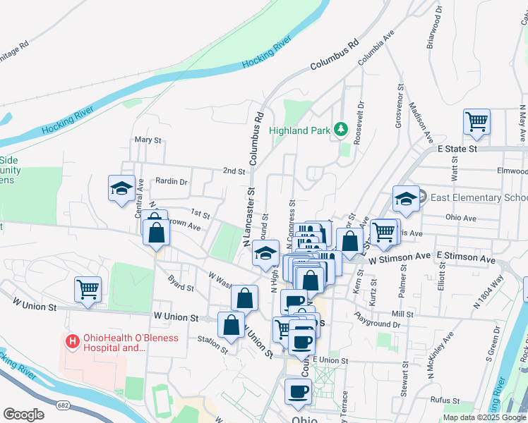 map of restaurants, bars, coffee shops, grocery stores, and more near 45 Mound Street in Athens