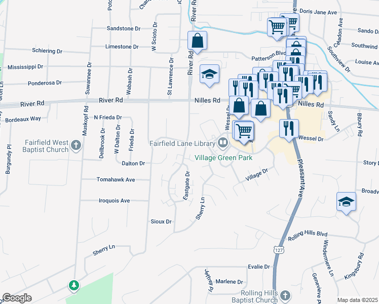 map of restaurants, bars, coffee shops, grocery stores, and more near 5326 Southgate Boulevard in Fairfield