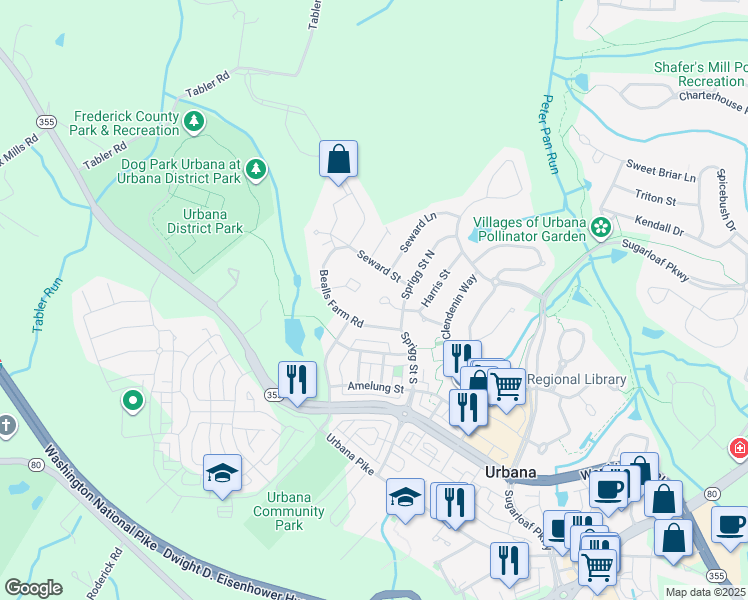 map of restaurants, bars, coffee shops, grocery stores, and more near 9073 Harris Place in Frederick