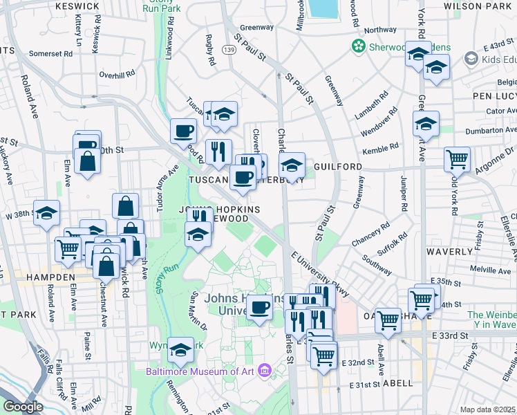 map of restaurants, bars, coffee shops, grocery stores, and more near 3801 Canterbury Road in Baltimore