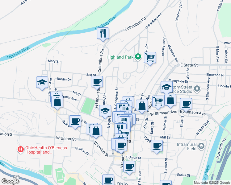 map of restaurants, bars, coffee shops, grocery stores, and more near 131 North Congress Street in Athens