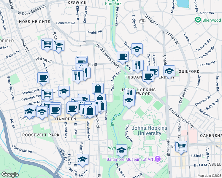 map of restaurants, bars, coffee shops, grocery stores, and more near 3756 Tudor Arms Avenue in Baltimore