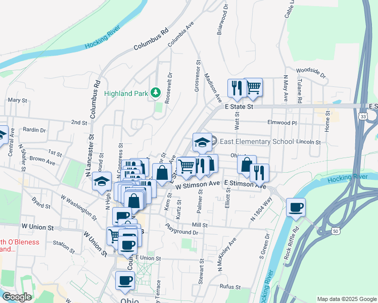 map of restaurants, bars, coffee shops, grocery stores, and more near 165 East State Street in Athens