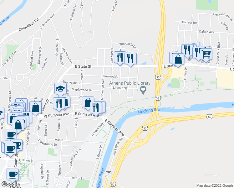 map of restaurants, bars, coffee shops, grocery stores, and more near 81 Hudson Avenue in Athens