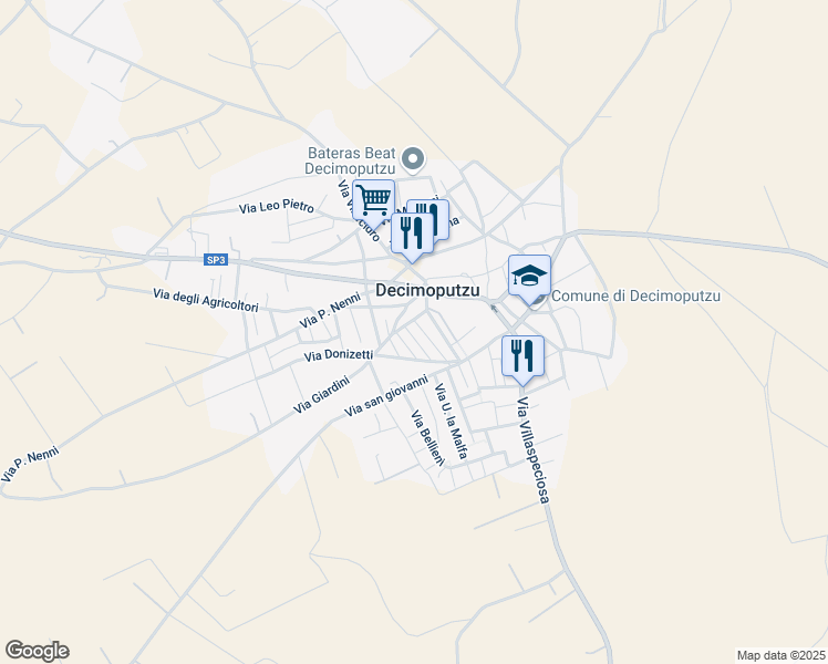 map of restaurants, bars, coffee shops, grocery stores, and more near 3A Via Giuseppe Verdi in Decimoputzu
