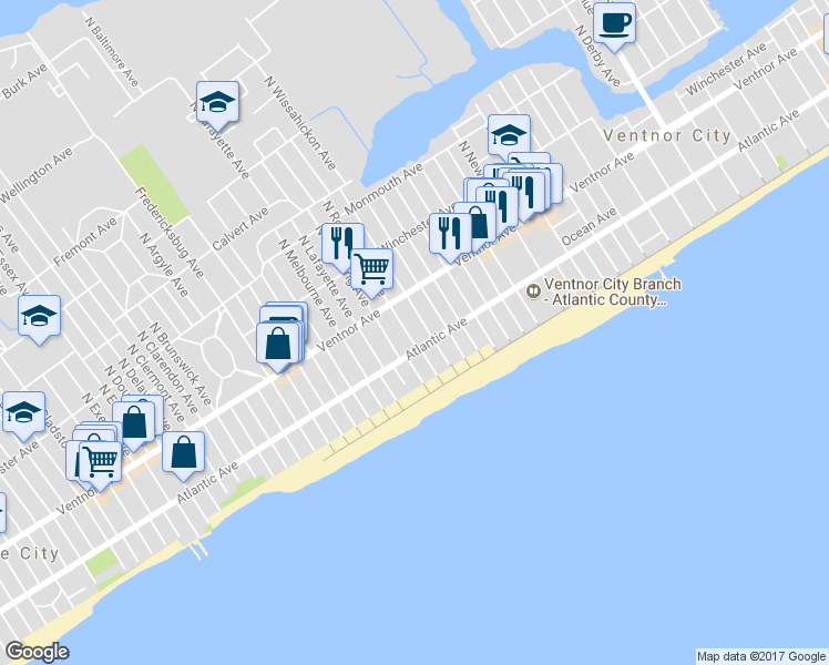 map of restaurants, bars, coffee shops, grocery stores, and more near 19 A South Rosborough Avenue in Ventnor City
