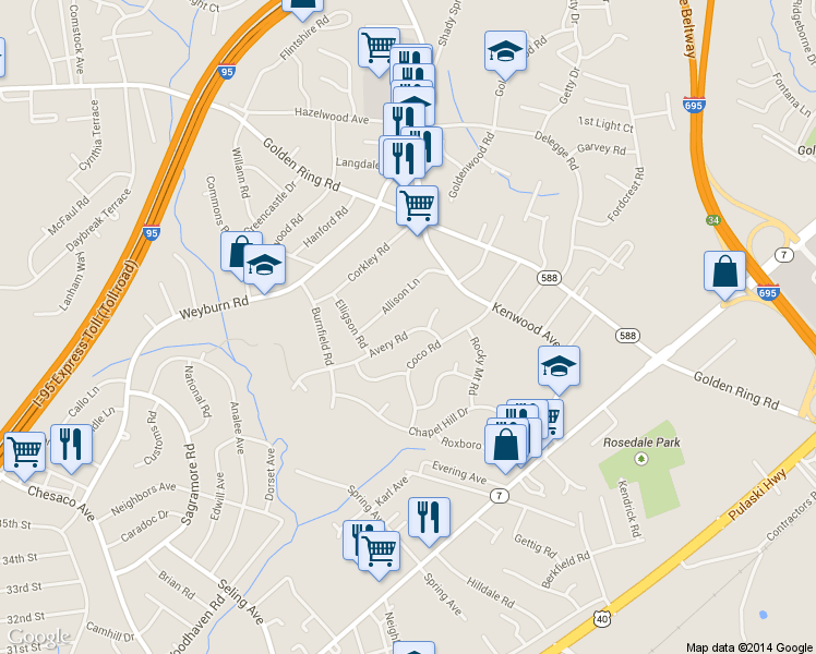 map of restaurants, bars, coffee shops, grocery stores, and more near 8426 Avery Road in Rosedale