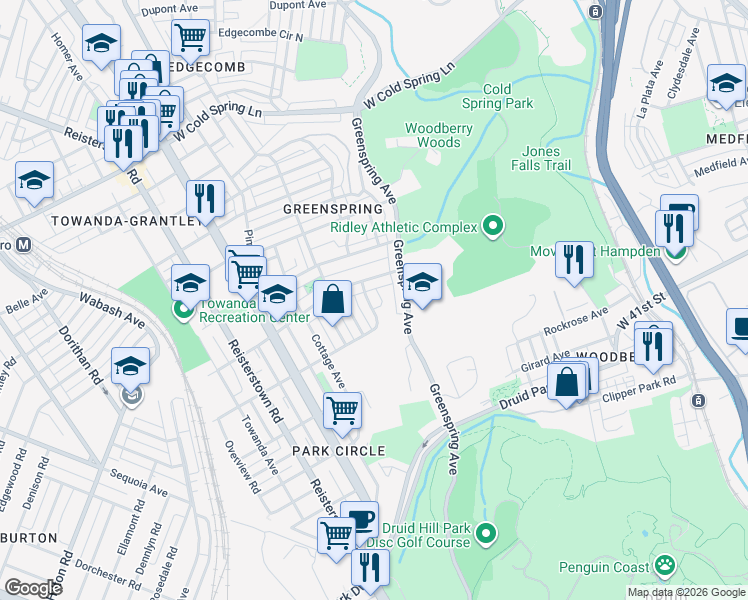 map of restaurants, bars, coffee shops, grocery stores, and more near 3825 Derby Manor Drive in Baltimore