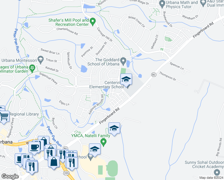 map of restaurants, bars, coffee shops, grocery stores, and more near 3671 Spring Hollow Drive in Frederick