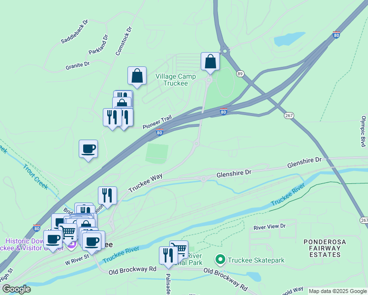 map of restaurants, bars, coffee shops, grocery stores, and more near 8924 Donner Pass Road in Truckee