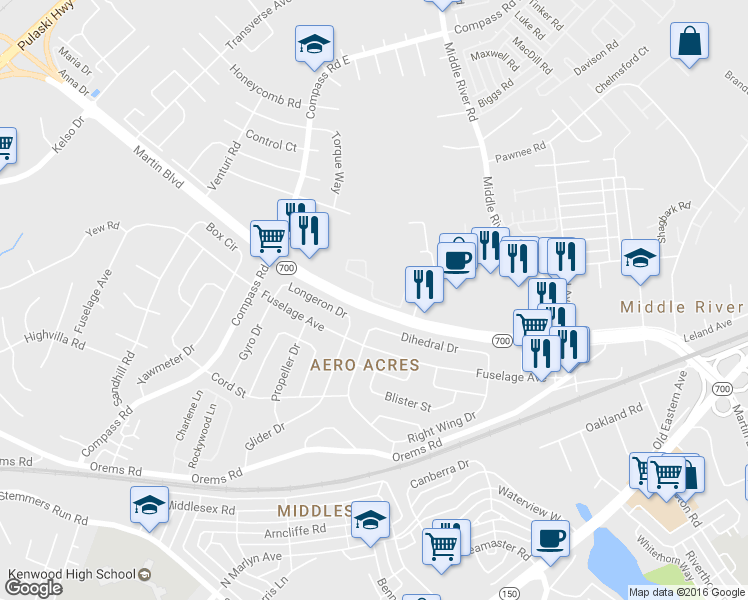 map of restaurants, bars, coffee shops, grocery stores, and more near 201 Middleway Road in Middle River