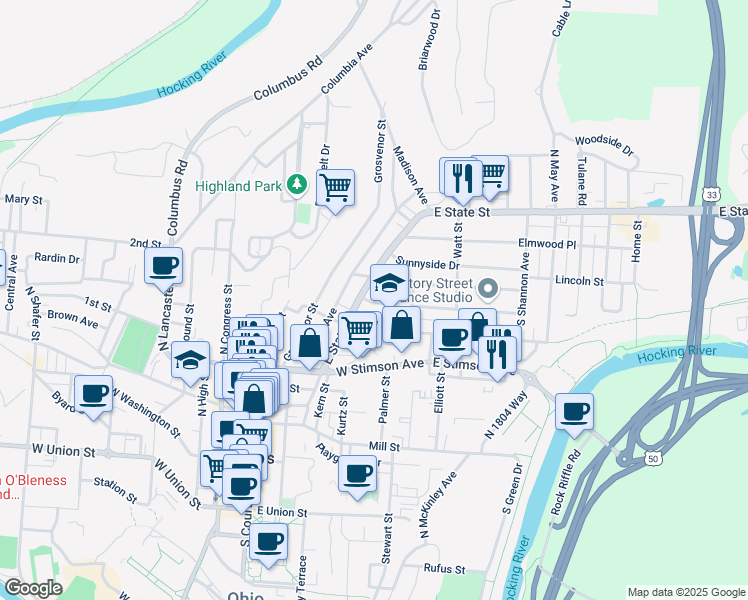 map of restaurants, bars, coffee shops, grocery stores, and more near 165 East State Street in Athens