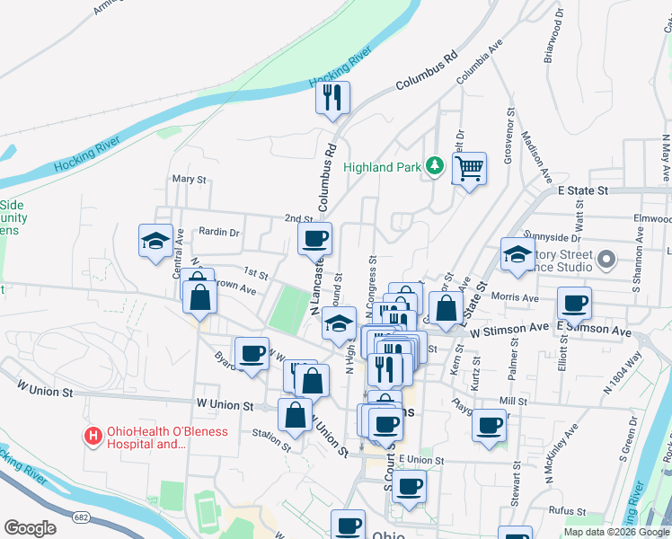 map of restaurants, bars, coffee shops, grocery stores, and more near 45 Mound Street in Athens