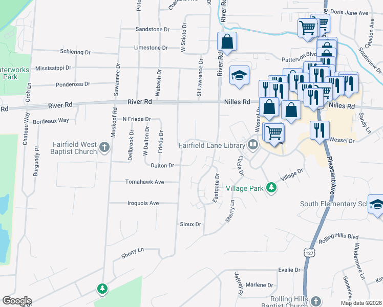 map of restaurants, bars, coffee shops, grocery stores, and more near 5358 Tallawanda Drive in Fairfield