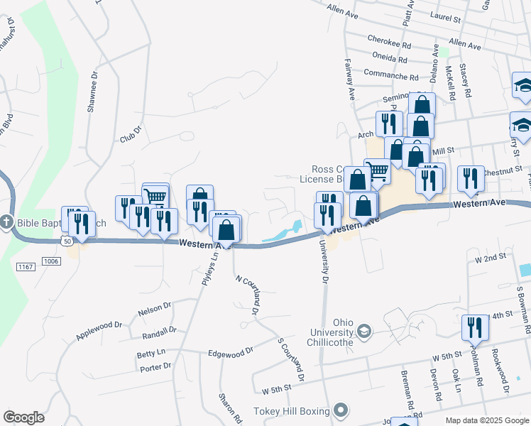map of restaurants, bars, coffee shops, grocery stores, and more near 255 Independence Drive in Chillicothe