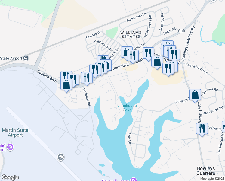 map of restaurants, bars, coffee shops, grocery stores, and more near 12 Hidden Cove Court in Middle River