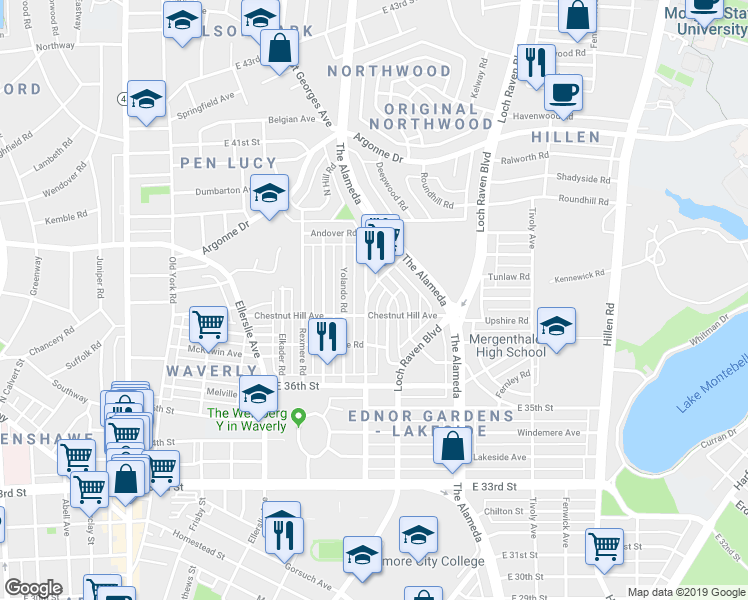 map of restaurants, bars, coffee shops, grocery stores, and more near 3813 Ednor Road in Baltimore