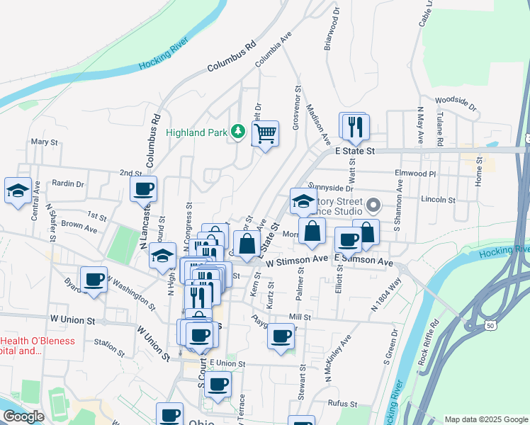 map of restaurants, bars, coffee shops, grocery stores, and more near 74 Grosvenor Street in Athens