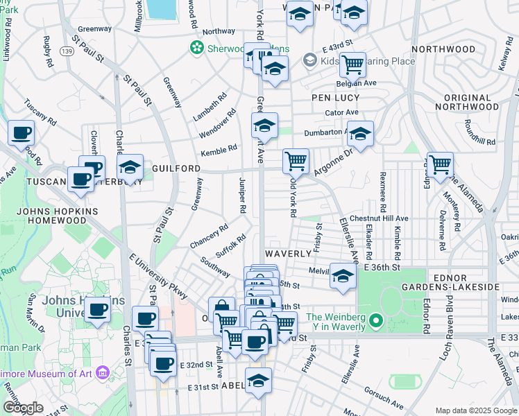 map of restaurants, bars, coffee shops, grocery stores, and more near 3712 Maryland 45 in Baltimore