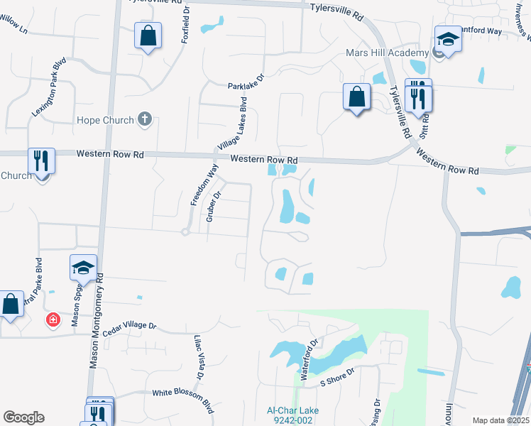 map of restaurants, bars, coffee shops, grocery stores, and more near 7191 White Oak Ct in Mason