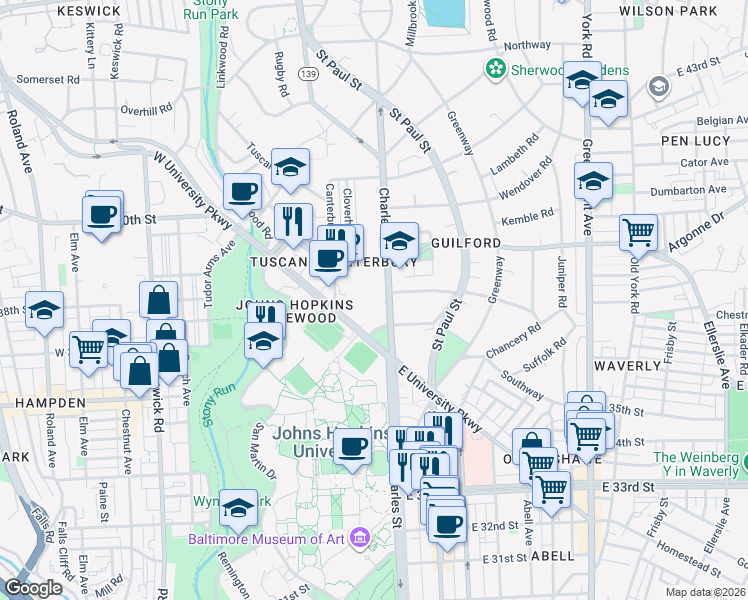 map of restaurants, bars, coffee shops, grocery stores, and more near 3704 North Charles Street in Baltimore