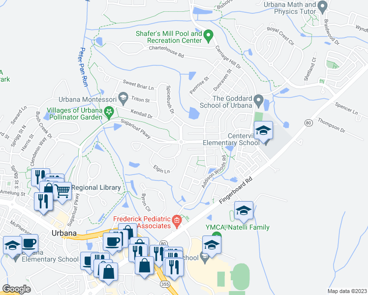 map of restaurants, bars, coffee shops, grocery stores, and more near 3601 Denison Street in Frederick