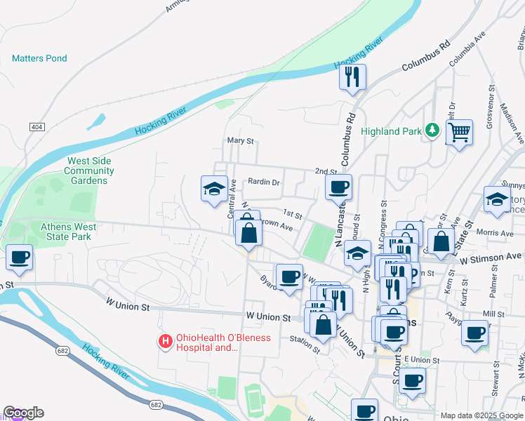 map of restaurants, bars, coffee shops, grocery stores, and more near 8 1st Street in Athens