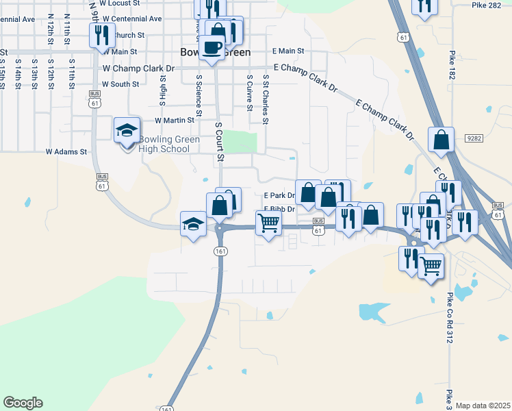map of restaurants, bars, coffee shops, grocery stores, and more near 5 East Bibb Drive in Bowling Green