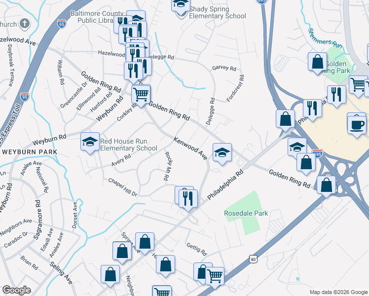 map of restaurants, bars, coffee shops, grocery stores, and more near 6617 Kenwood Avenue in Rosedale