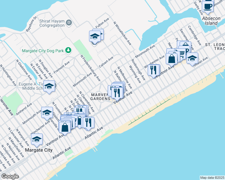 map of restaurants, bars, coffee shops, grocery stores, and more near 33 North Martindale Avenue in Ventnor City