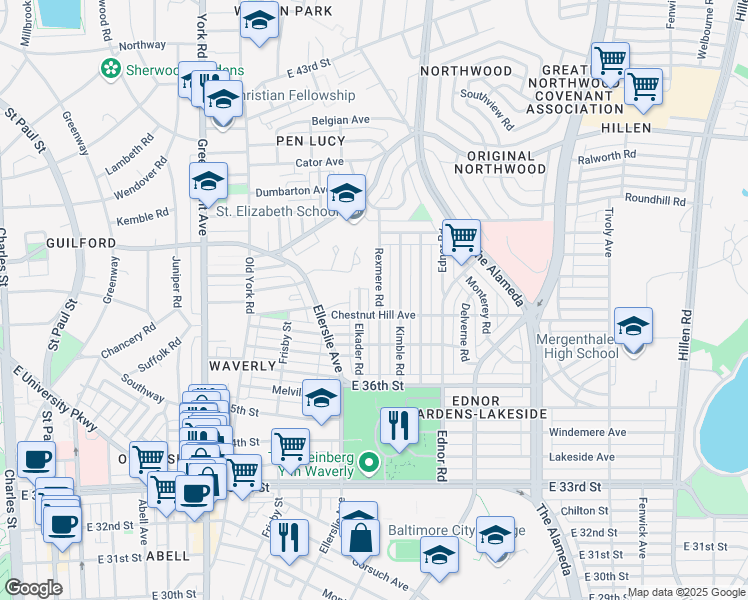 map of restaurants, bars, coffee shops, grocery stores, and more near 3814 Rexmere Road in Baltimore