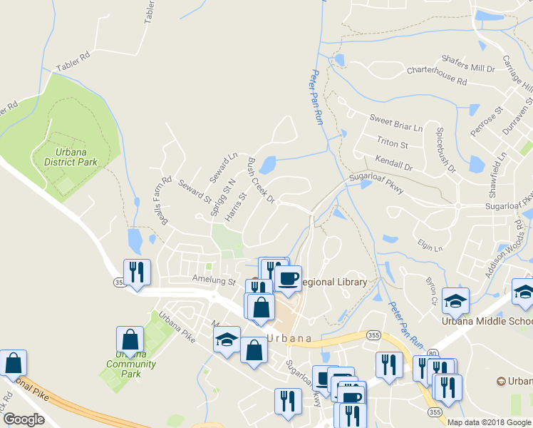 map of restaurants, bars, coffee shops, grocery stores, and more near 9054 Major Smith Ln in Frederick