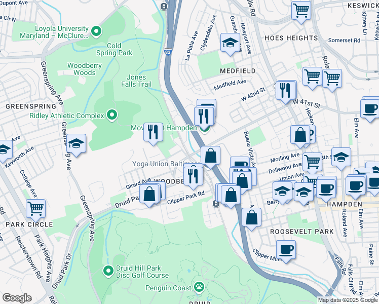 map of restaurants, bars, coffee shops, grocery stores, and more near 1780 Union Avenue in Baltimore