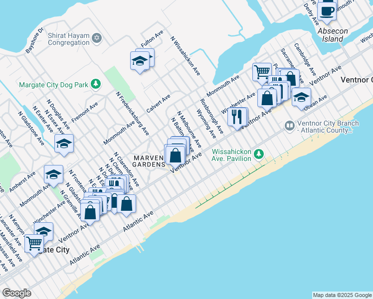 map of restaurants, bars, coffee shops, grocery stores, and more near 7 North Swarthmore Avenue in Ventnor City