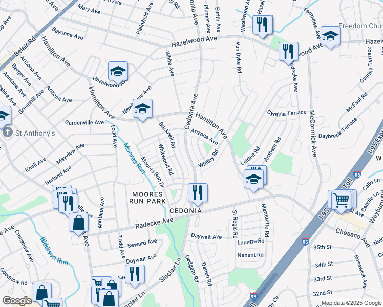 map of restaurants, bars, coffee shops, grocery stores, and more near 5527 Cedonia Avenue in Baltimore