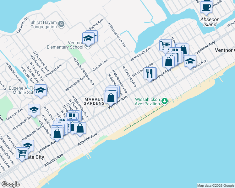 map of restaurants, bars, coffee shops, grocery stores, and more near 7 North Swarthmore Avenue in Ventnor City