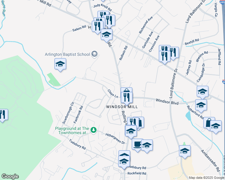 map of restaurants, bars, coffee shops, grocery stores, and more near 7503 Haystack Drive in Milford Mill