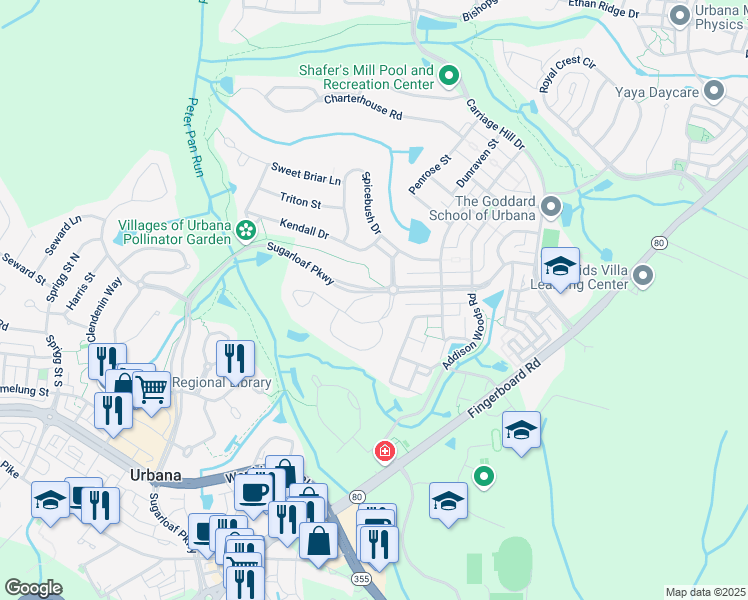 map of restaurants, bars, coffee shops, grocery stores, and more near 3620 Denison Street in Frederick