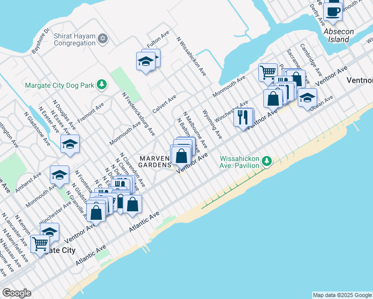 map of restaurants, bars, coffee shops, grocery stores, and more near 7 North Swarthmore Avenue in Ventnor City