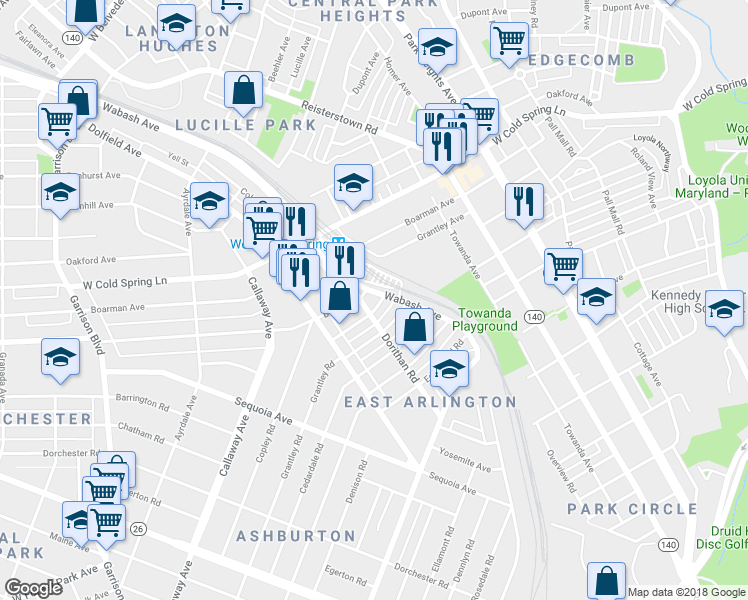 map of restaurants, bars, coffee shops, grocery stores, and more near 4010 Bareva Road in Baltimore