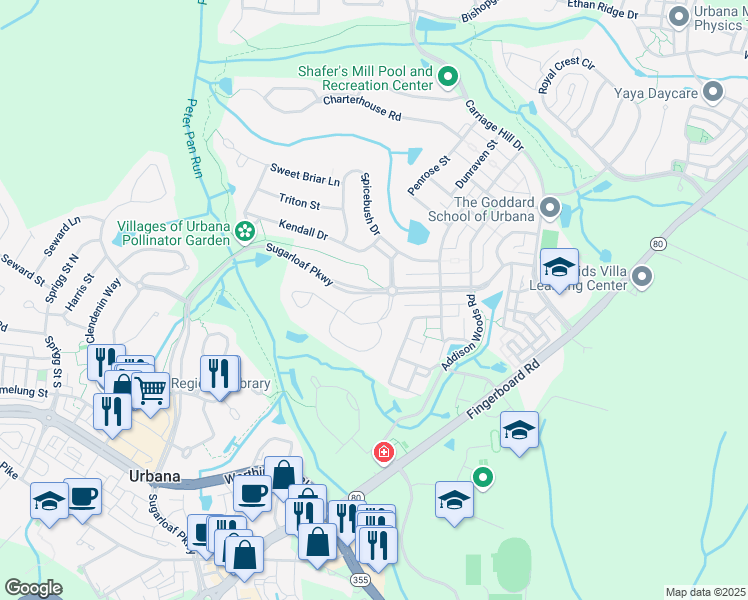 map of restaurants, bars, coffee shops, grocery stores, and more near 3620 Denison Street in Frederick
