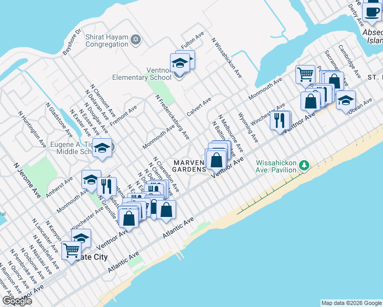 map of restaurants, bars, coffee shops, grocery stores, and more near 31 East Drive in Margate City