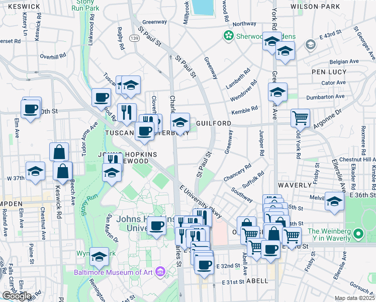 map of restaurants, bars, coffee shops, grocery stores, and more near 3 Saint Martins Road in Baltimore