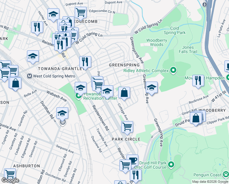map of restaurants, bars, coffee shops, grocery stores, and more near 3905 Cottage Avenue in Baltimore